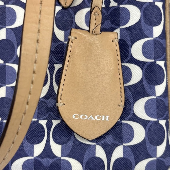 Coach Shoulder Bag Blue White C Logo Beige Leather Handles Trim 3-Compartment - Picture 9 of 16